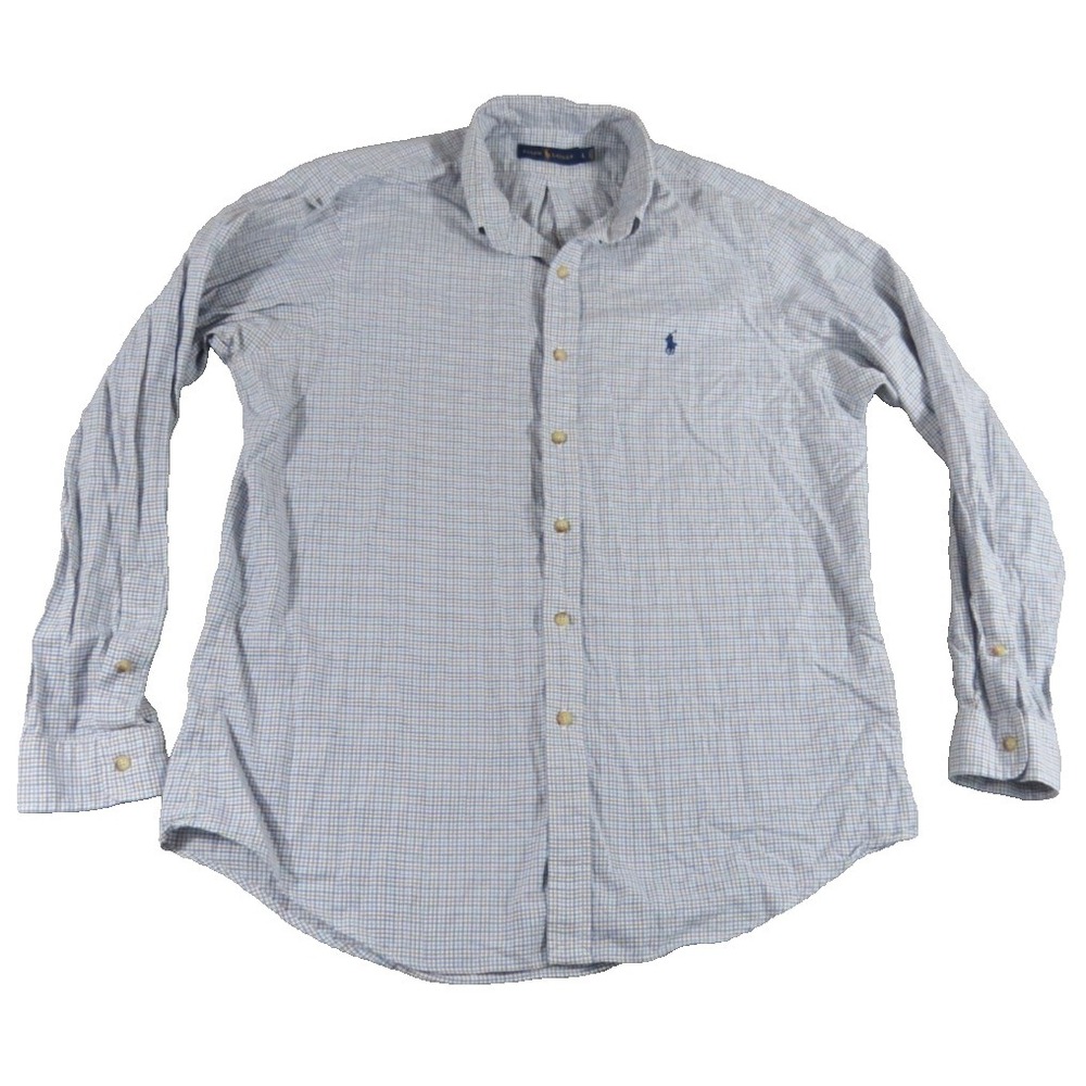 Polo Ralph Lauren Shirt Men L Blue White Plaid Check Classic Fit Cotton Oxford
